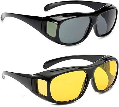 LUKVIZ Pack Of 2 Warp-Around HD Vision UV Protection Day & Night Driving Bikes and Car Anti-Glare Polarized Sunglasses Unisex Goggles For Men Women