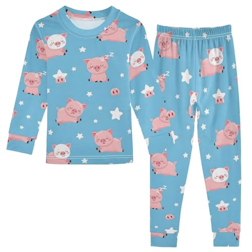 Pajama Sets Long Sleeve Sleep Piggy Pattern on Blue Soft Comfy Sleepwear 2 Piece PJS 3-8T
