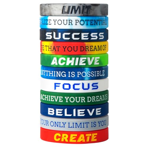 KUCLIN 12Pcs Success Achieve Focus Motivational Silicone Wristbands with Inspirational Messages for Men Women Rubber Bracelets Elite Athletic Gear Wristbands