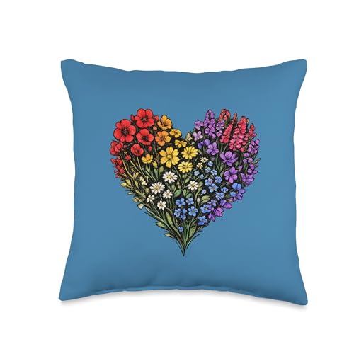 Wildflower Heart Illustration Colorful Floral Nature Design Throw Pillow