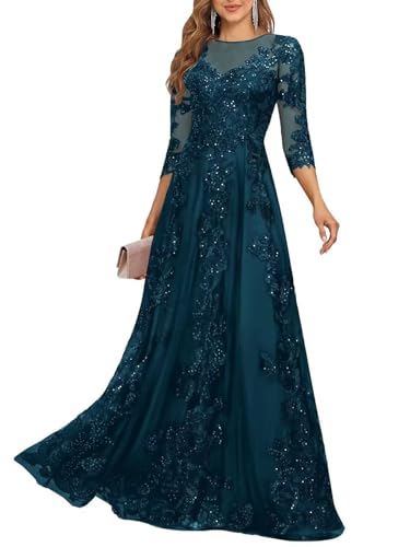 3/4 Sleeve Lace Mother of The Bride Dresses for Wedding Sequins Applique Long Wedding Guest Dresses for Women