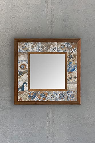 Oscar Stone Decor Masif Çerçeveli Mozaik Taş Ayna 33 CM X 33 CM Morocco-Etnik-Brown-Blue