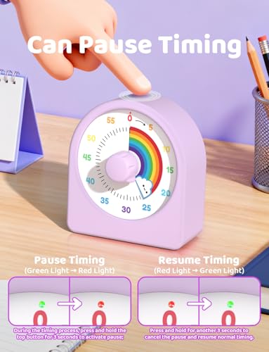 LIORQUE Visueller Timer 60 Minuten Countdown Timer mit Pausenfunktion und austauschbarer Silikonhülle für Kinder Erwachsene Leiser Kurzzeitmesser für Küche Schule Büro inkl. Batterie 5