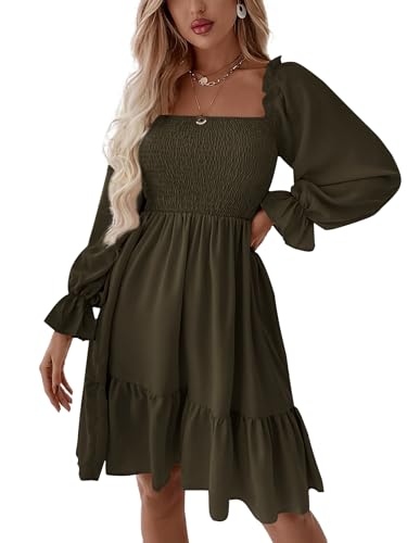 Image of LYANER Women's Square Neck Lantern Long Sleeve Shirred Ruffle A Line Flowy Party Mini Dress