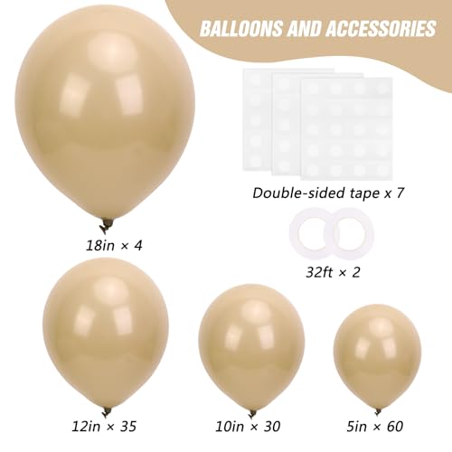 Image of RUBFAC Vanilla Brown Beige Balloons 129pcs Different Sizes Pack of 18 12 10 5 Inch, Light Brown Cream Ivory Balloon Neutral Boho Garland Arch Kit for Wedding Baby Shower Birthday Party Decorations