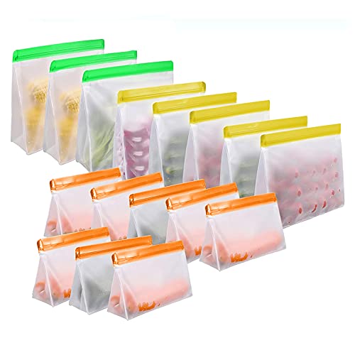 16 Pack Reusable Food Storage Bags Stand Up, FDA Grade Leak proof Reusable Freezer Bags - 3 Gallon Bags + 5 Sandwich Bags + 8 Snack Bags - Reusable Storage Bags for Meat Fruit Cereal Snacks