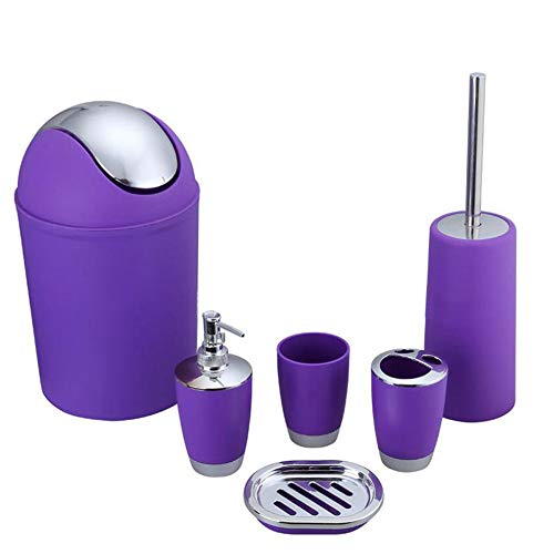 funwill Bathroom Accessories Set 6 Pieces Plastic Bathroom Accessories Toothbrush Holder, Rinse Cup, Soap Dish, Hand Sanitizer Bottle, Waste Bin, Toilet Brush with Holder(6 Colors) (Purple)