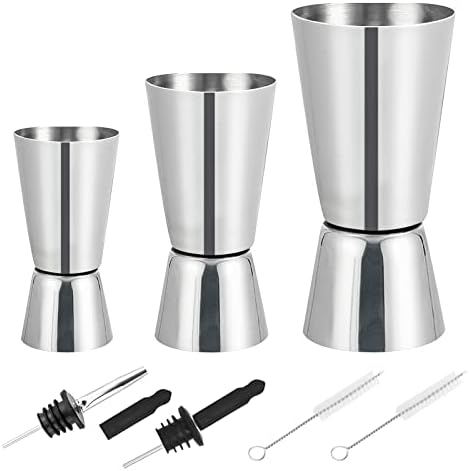 AMANMAN Set of 3 Cocktail Measuring Cup 30/50/60ml Jigger Dual Spirit Measure Stainless Steel Gin Double Measuring Jug with 2 Bottle Pourers Bar Accessories for Home Pub Wine Alcohol Drink Shot Glass