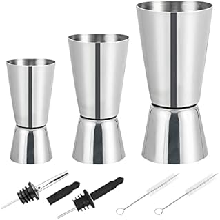 AMANMAN Set of 3 Cocktail Measuring Cup 30/50/60ml Jigger Dual Spirit Measure Stainless Steel Gin Double Measuring Jug with 2 Bottle Pourers Bar Accessories for Home Pub Wine Alcohol Drink Shot Glass
