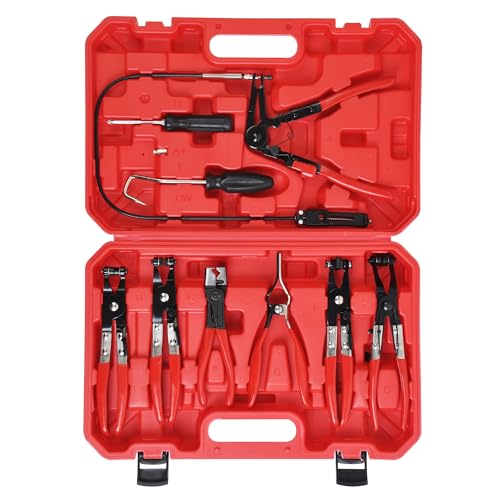 9PCS Hose Clamp Pliers for Fuel Oil and Water Hoses, Long Reach Hose Clamp Remover Kit with Flexible Wire Clic R Type Swivel Jaw Flat Band Pliers Set