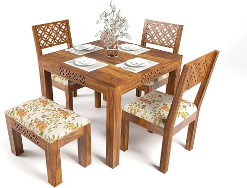 Image of Solid Sheesham Wood Cushioned Living Room Benches, Wooden, Upholstered Wooden Seating Bench for Home & Office l