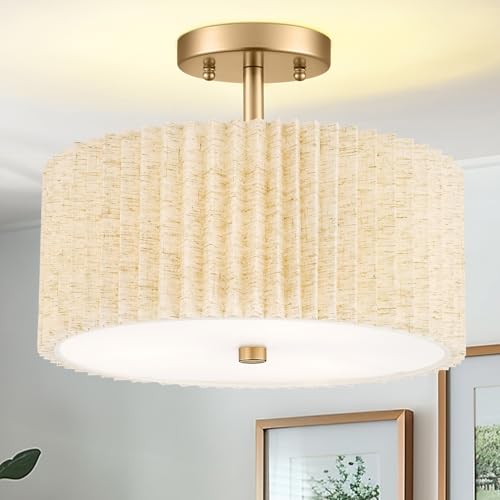 Image of Gold Semi Flush Mount Ceiling Lights, 3-Light 12.5 inch Light Fixtures Ceiling Mount with Pleated Linen Fabric Shade, Drum Lighting Fixture for Hallway Nursery Bedroom Kitchen, AD-25036-3SF-GD-B