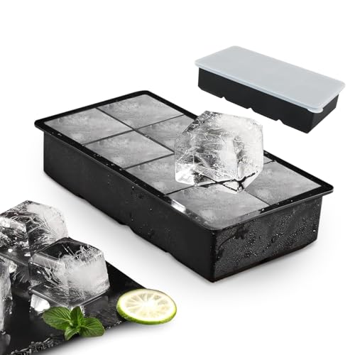 Cubitera de Silicona Grande para Cubitos de Hielo, Moldes XXL con Tapa, 2 Unidades (8 Moldes por Cubitera)