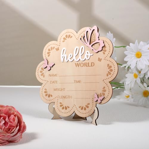 Image of Personalized Hello World Newborn Sign - Wooden Flower Shape Butterfly Baby Announcement Sign, Hospital Photo Prop & Nursery Decor Keepsake for Baby Boy or Girl