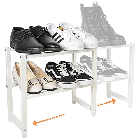 comax 2-Tier Expandable Shoe Rack Organizer for Closet Entryway Small Space, Adjustable Shoe Shelf Modern Metal Iron Shoe Stand, Free Standing Shoe Storage with Extendable Steel Tube, Two Tier White Cover
