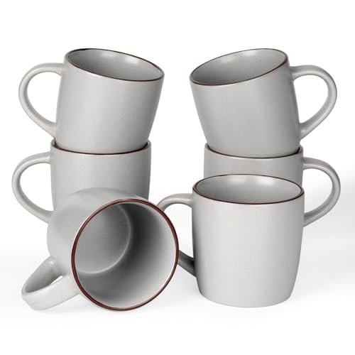 Richmount Mercury Coffee Mugs Sets of 6, 13oz/370ml Stoneware Tea Cups with Large Handle and Burgundy Trim for Latte/Cappuccino/Milk/Cocoa/Tea, Microwave & Dishwasher Safe, Light Grey