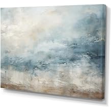 DesignQ Abstract Shapes Wall Art, Blue Ocean Storm In Beige, Abstract Shapes Wall art decor, beige Canvas wall art, 32x24 inches