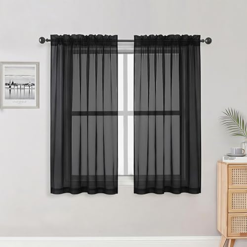 Image of OWENIE Sheer Black Curtains 84 Inch Length 2 Panels Set for Living Room Bedroom, Rod Pocket Voile Sheer Panel Drapes, Black, 2pcs, Each 42 inch W x 48 inch L