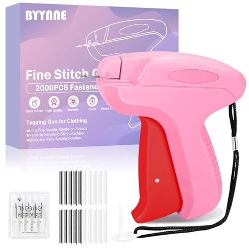 Image of Stitch Gun for Clothes - Handheld Quick Clothing Fixer - Tagging Gun for Clothing, Sewing Kit - Includes 6 Fine Needles, 1000 White & 1000 Black Fasteners (Pink Red)