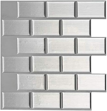 Art3d 12" x 12" Peel and Stick Wall Tile for Kitchen Backsplash, Subway Silver (10)