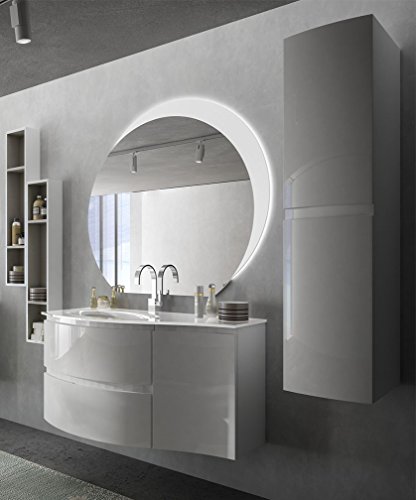 Arredobagnoecucine Mobile Bagno Sospeso Vague Bianco, cm 104, Lavabo in Vetro e Specchio a Led