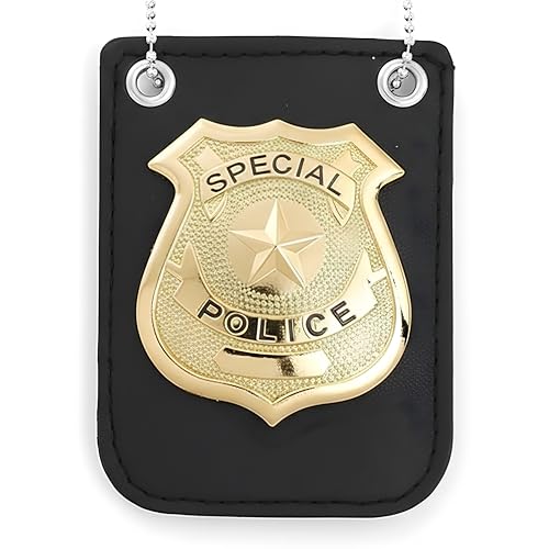 Police Badge with Chain and Belt Clip, Gold Detective Role Play Costume Accessory