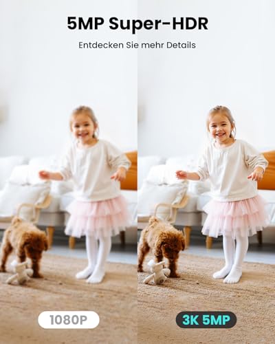 CAMSTRO 3K Überwachungskamera Innen (5MP), WLAN Kamera mit 355° Schwenken & 120° Neigen, 2,4/5GHz Dualband, 24/7 Aufnahme, Nachtsicht 10 m, Zwei-Wege-Audio, SD-/Cloud-Speicher, Kompatibel mit Alexa