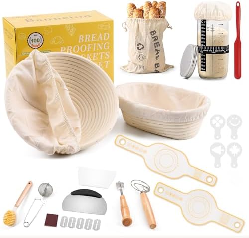 Clheatky Sauerteig Starter Set Komplettset, Gärkorb Rund & Oval Rattan | Natürliches Rattan, Splitterfrei, All-in-One-Kit, Brotbacken Startver Set Großes Geschenk für Anfänger, Erf