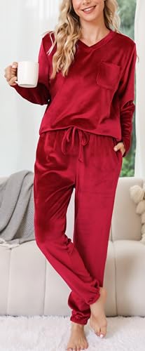 Vlazom Women Pyjamas,Soft Warm Fleece Pjs Sets Fluffy Loungewear Set Long Sleeve Tops and Pants Sleepwear with Pockets C-Wine Red,L - Image 9