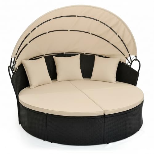 Tangkula Outdoor Patio Round Daybed with Retractable Canopy, Black Rattan Wicker Furniture Sectional Seating with Cushions and Throw Pillows, Seating Separates Cushioned Seats for Backyard (Brown)