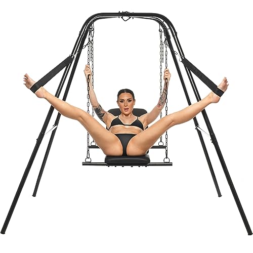 Master Series Adjustable Swing with Stand for Men, Women, and Couples, Reclining Vegan Leather Chair, Adjustable Height, Steel Frame, 330 Lb Capacity, with Chains and Stirrups