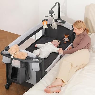 ELEMARA 4 in 1 Baby Bassinet Bedside Crib with Diaper Changer, Mattress, 1-Second Set up Bedside Bassinet with 3 Adjustable Height, Portable Crib with Storage/Toy Bar/Zip Door