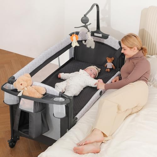 ELEMARA 4 in 1 Baby Bassinet Bedside Crib with Diaper Changer, Mattress, 1-Second Set up Bedside Bassinet with 3 Adjustable Height, Portable Crib with Storage/Toy Bar/Zip Door by ELEMARA - Used condition - US$122.34