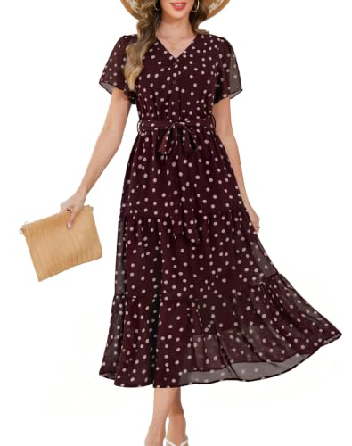 Annebouti Maxi Spring Summer Wedding Guest Dresses for Women 2026 Boho Chiffon Button Up A Line Casual Beach Vacation Party Long Dress with Pockets Dark Red Polka Dot L