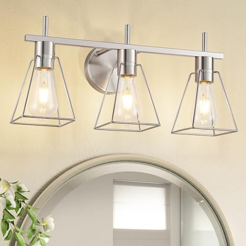 FonmYim Farmhouse Bathroom Vanity Light Fixtures Over Mirror, Brushed Nickel 3-Light Wall Sconce with Metal Cage, E26 Socket (Bulbs Not Included)