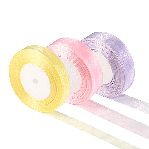 Chiffonband Satinband Rosa Lila Gelbes Set, 15/25mm*45m*3 Roll Geschenkband Breit, Bunten Organzaband Geschenkbänder Dekoband für Geburtstag Hochzeit Weihnachten Geschenkverpackung Party Deko Cover