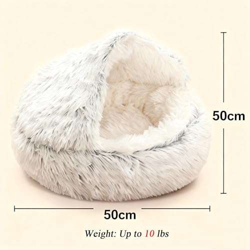 SHJOEE Grau 50cm Katzenbett Flauschig Katzendeckett, Weiches Plüsch, Höhle mit Kapuze, 2-in-1 Hundebett Rund Hundekissen Hundesofa Haustierbett für Katzen und kleine mittelgroße Hunde