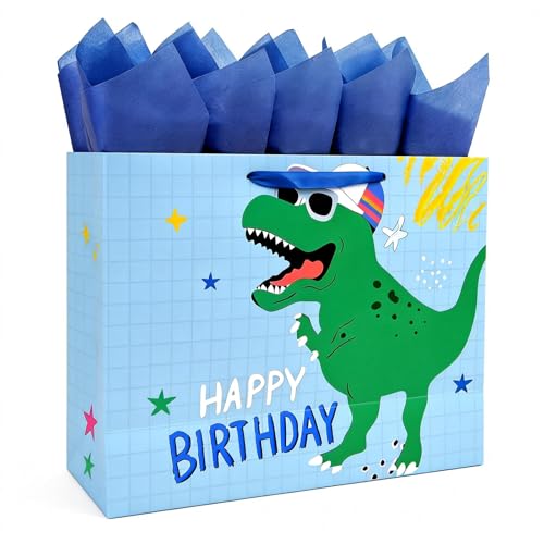 Joliloly 13 Happy Birthday Gift Bag Dinosaur Print Sturdy Thick Paper Bag for Kids Reusable Birthday Present Bag with Tissue Paper and Card for Boys Girls Party Gift Wrapping Supplies