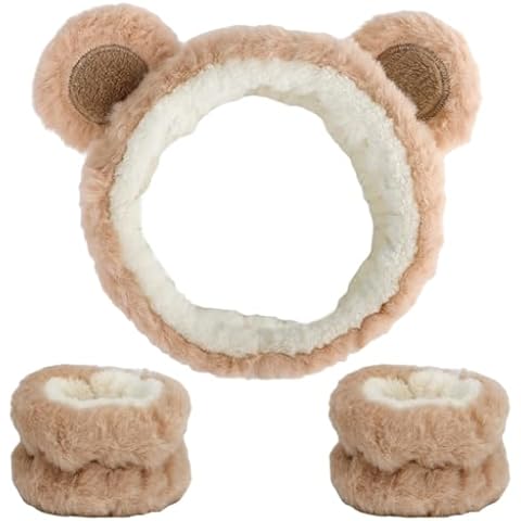 Canitor Face Wash Headband with Wrist Towels - Soft Coral Fleece Spa Makeup Headband, Cute Animal Elastic Skincare Design with Bear Ears Cover