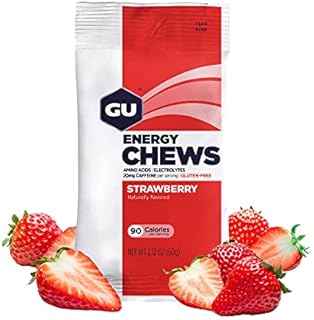 GU Energy Chews, Strawberry Energy Gummies with Electrolytes, 12 Bags (24 Servings Total)