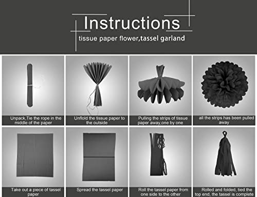Image of Silver Black Gold Party Decorations - 23pcs Tissue Paper Flowers Pom Poms Tassel Garland Pennant Banner Flags Streamers Birthday New Years Eve Retirement Graduation Classroom Hanging Decor Supplies