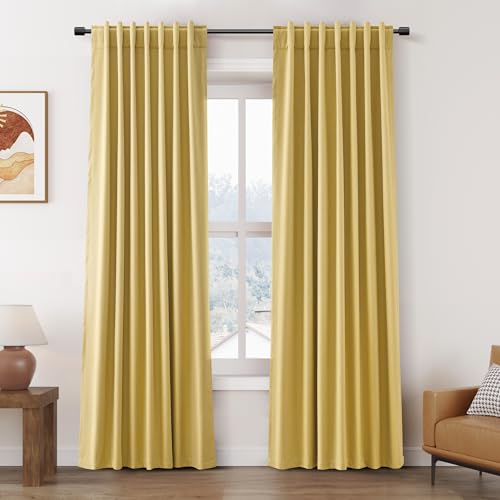 Nanspring Gold 100% Blackout Linen Curtains 84 Inch Length 2 Panels Set for Bedroom Back Tab Modern Farmhouse Decor Black Out Curtain for Living Room Office Thermal Insulated Drapes 52x84