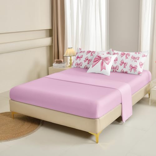 Image of DORCAS Bow Comforter Set Full Bed in A Bag for Girls,6 Pieces Pink Bow Bedding Sets with Sheets for Kids
