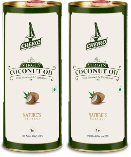 Image of Chekko Cold Pressed Virgin Coconut Oil 1 Litre | 100% Pure Natural Wood Pressed | Unrefined Virgin Edible Coconut Oil for Cooking, Baking, Hair & Skin Care | Premium Food-Grade Metal Tin Pack
