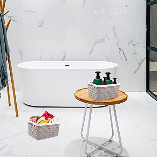 Plastic Storage Basket,3 Pcs Weave Storage Baskets storage baskets Plastic Rattan Storage Basket Set with Handles Plastic Weave Basket Desktop Storage Box for Kitchen Bathroom and Cabinet (light gray)