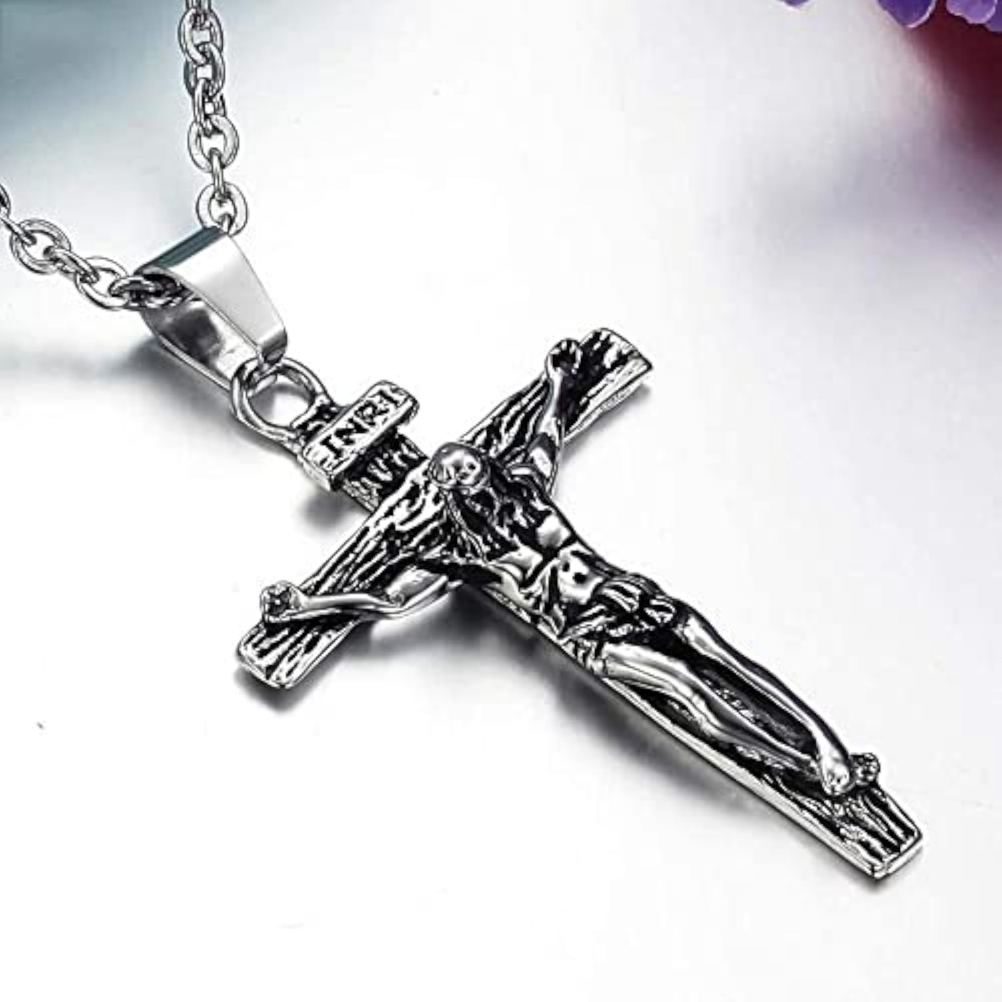 Oxidized Silver Jesus Cross Pendant Chain Necklace