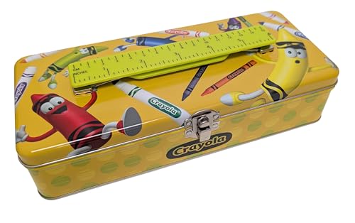 Metal Pencil Storage Box with Ruler Handle, Yellow Decorative School Supply Container, Secure Clasp Closure, Activity Storage Case