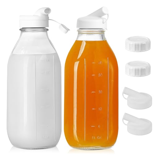 Viitech Juego de 2 botellas de cristal para rellenar, botellas de leche de 1 litro con tapón de rosca, botellas de zumo y boquilla de silicona, botellas de leche para batidos de leche con escala de