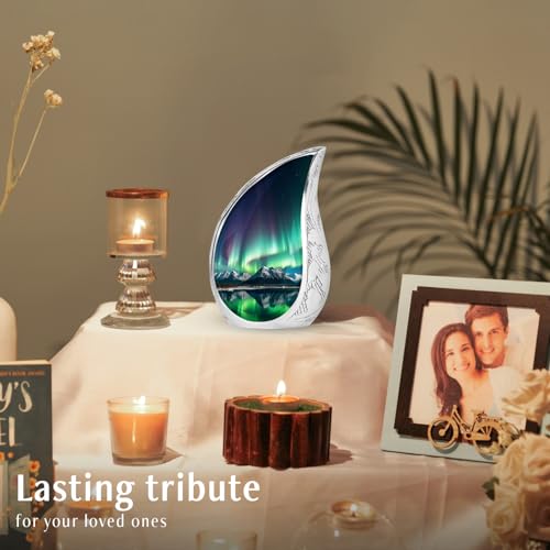 Yatskia Aurora Borealis Cremation Urns for Human Ashes Adult Men and Women, Large Memorial Urn for Ashes Adult, (Teardrop Urn Large, 10 Inch)