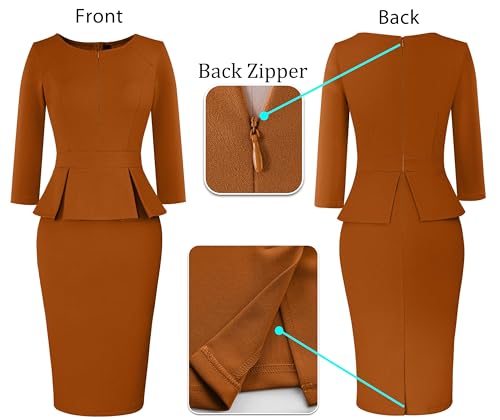 Image of VFSHOW Womens Wear to Work Front Zipper V Neck Peplum Business Office Church Flattering Pencil Sheath Dress